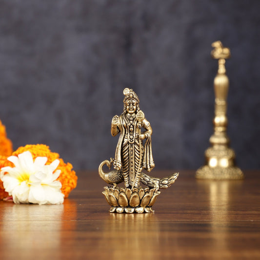 Pure Brass Murugan Kartikeya Intricately Carved Idol - 3 Inch - Sama Homes Idol - Brass Sculpture