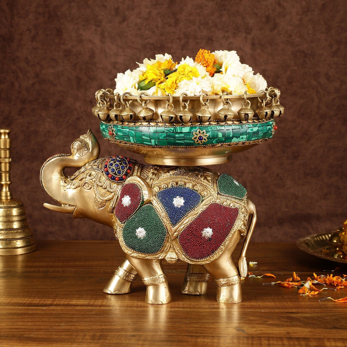 Pure Brass Large Elephant Urli with Meenakari Work | Height: 9.5 inch – Sama Homes