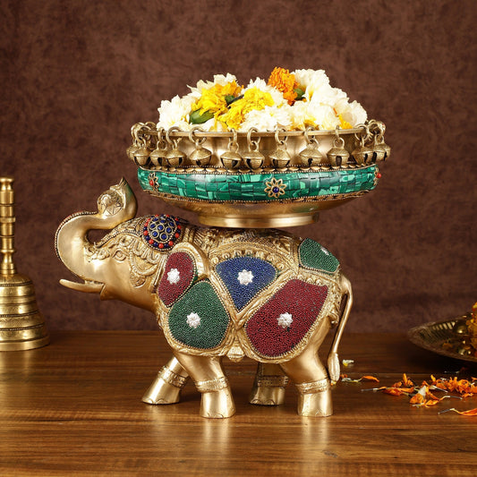 Pure Brass Large Elephant Urli with Meenakari Work | Height: 9.5 inch – Sama Homes