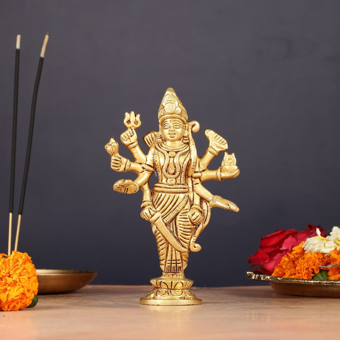Pure Brass Standing Ma Durga Bhawani Idol | 5" Height - Sama Homes Idol - Brass Sculpture