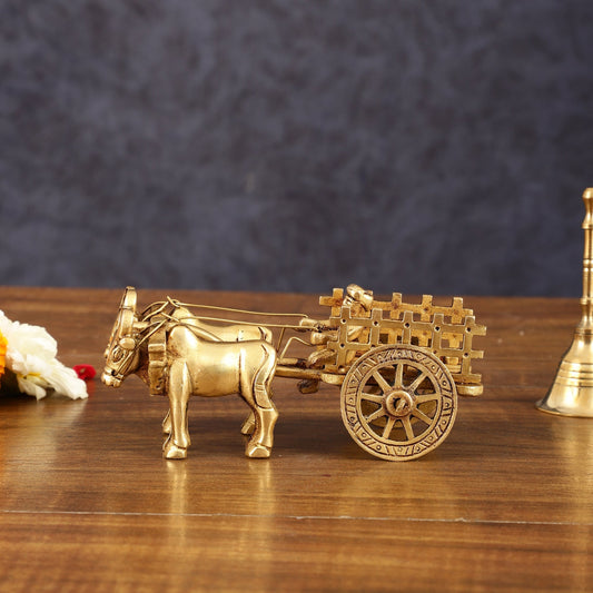 Pure Brass Bullock Cart Showpiece with Indian villager - 2" Height - Sama Homes Idol - Brass Sculpture