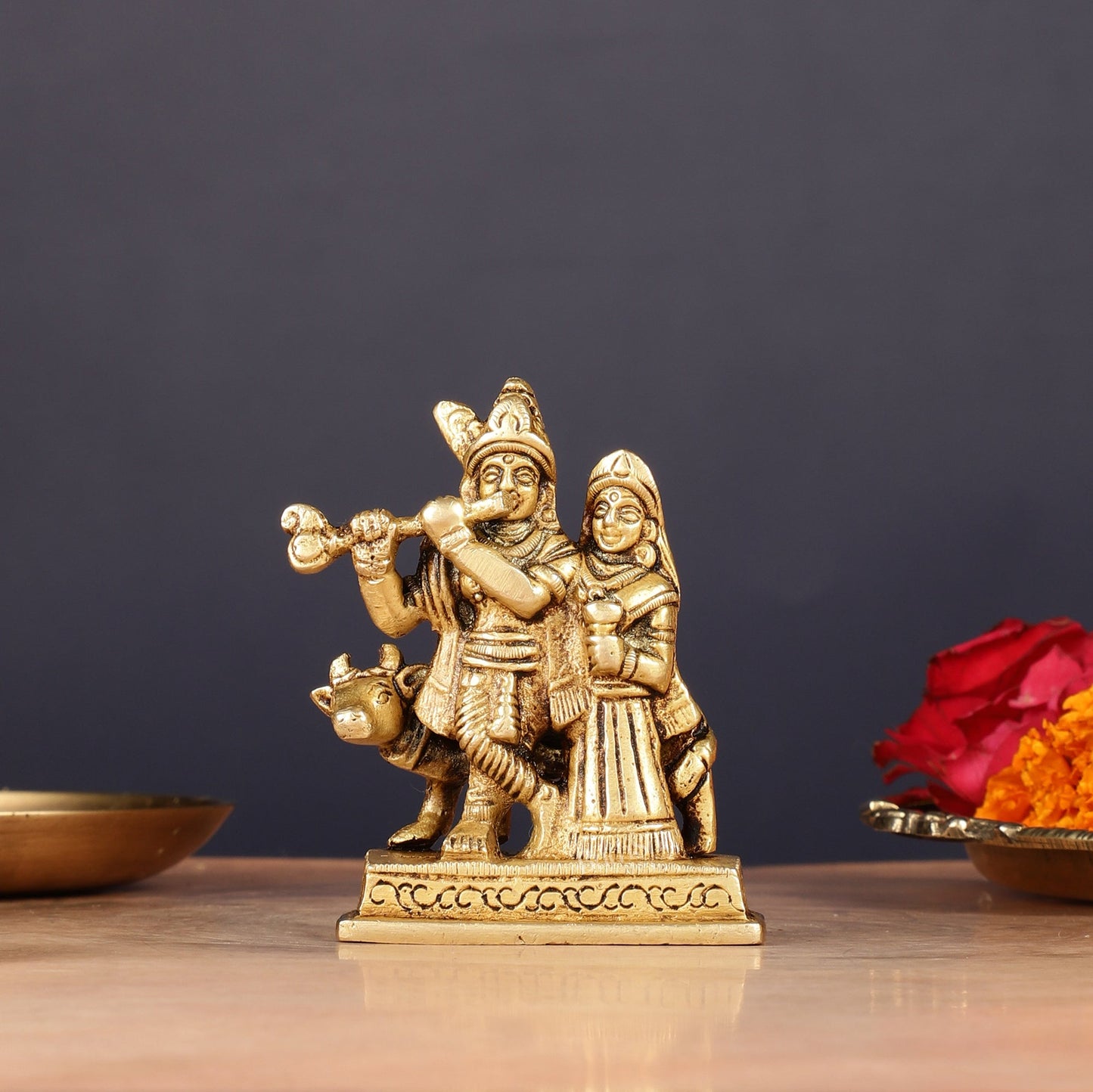 Exquisite 3-inch Brass Radha Krishna with Cow Idol - Sama Homes Idol - Brass Sculpture