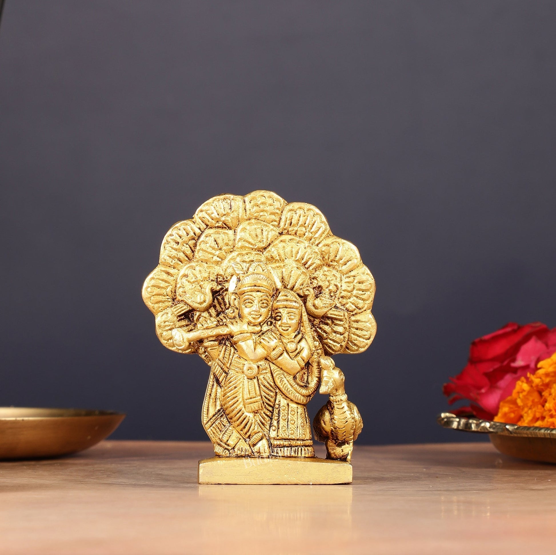 Elegant 3-inch Brass Radha Krishna with Tree and Peacock Idol - Sama Homes Idol - Brass Sculpture - Eco-friendly - Sama Homes