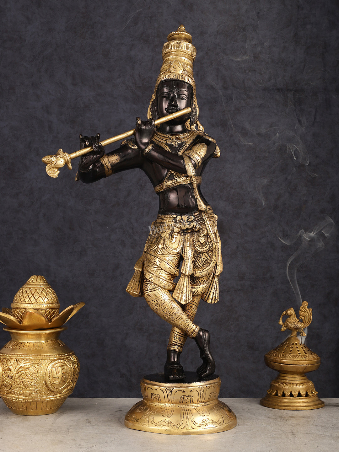 Exquisite Pure Brass Lord Krishna Statue - Black & Gold Finish, 23 Inches - Sama Homes Idol - Brass Sculpture - Eco-friendly - Sama Homes