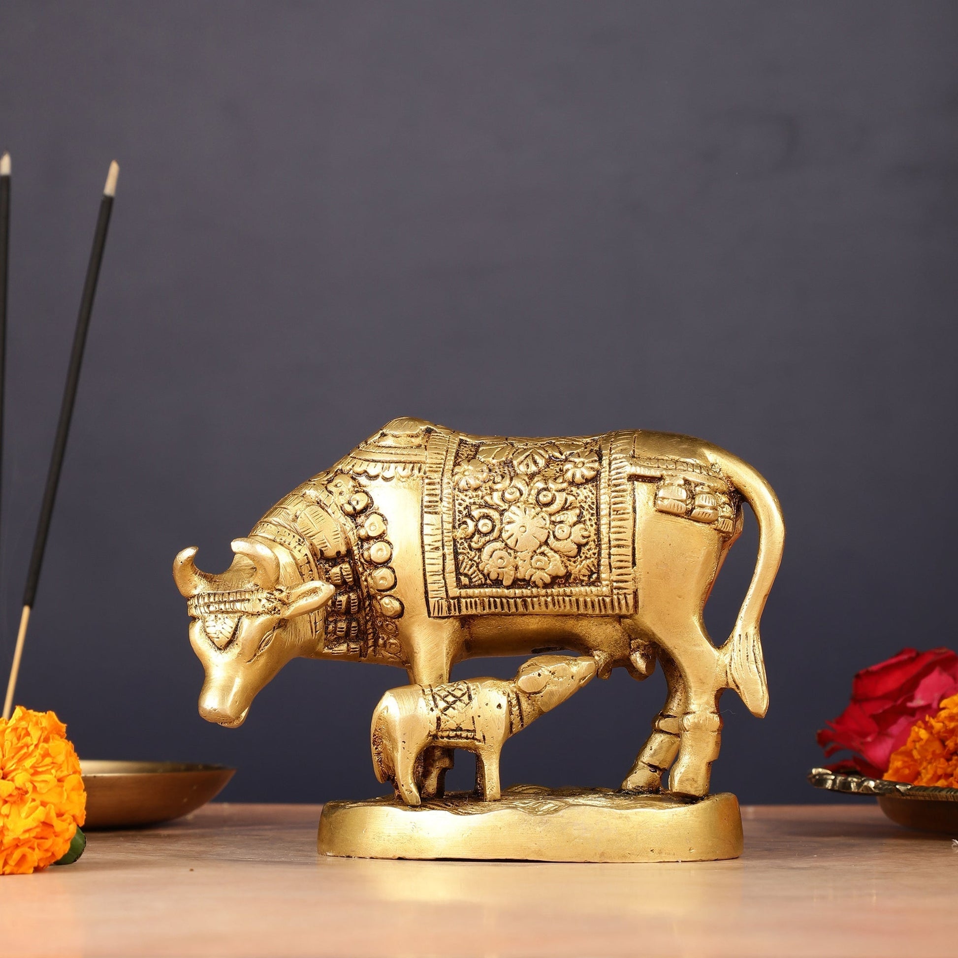 Brass Kamadhenu Cow with Calf Idol 6.5" - Eco-friendly - Sama Homes