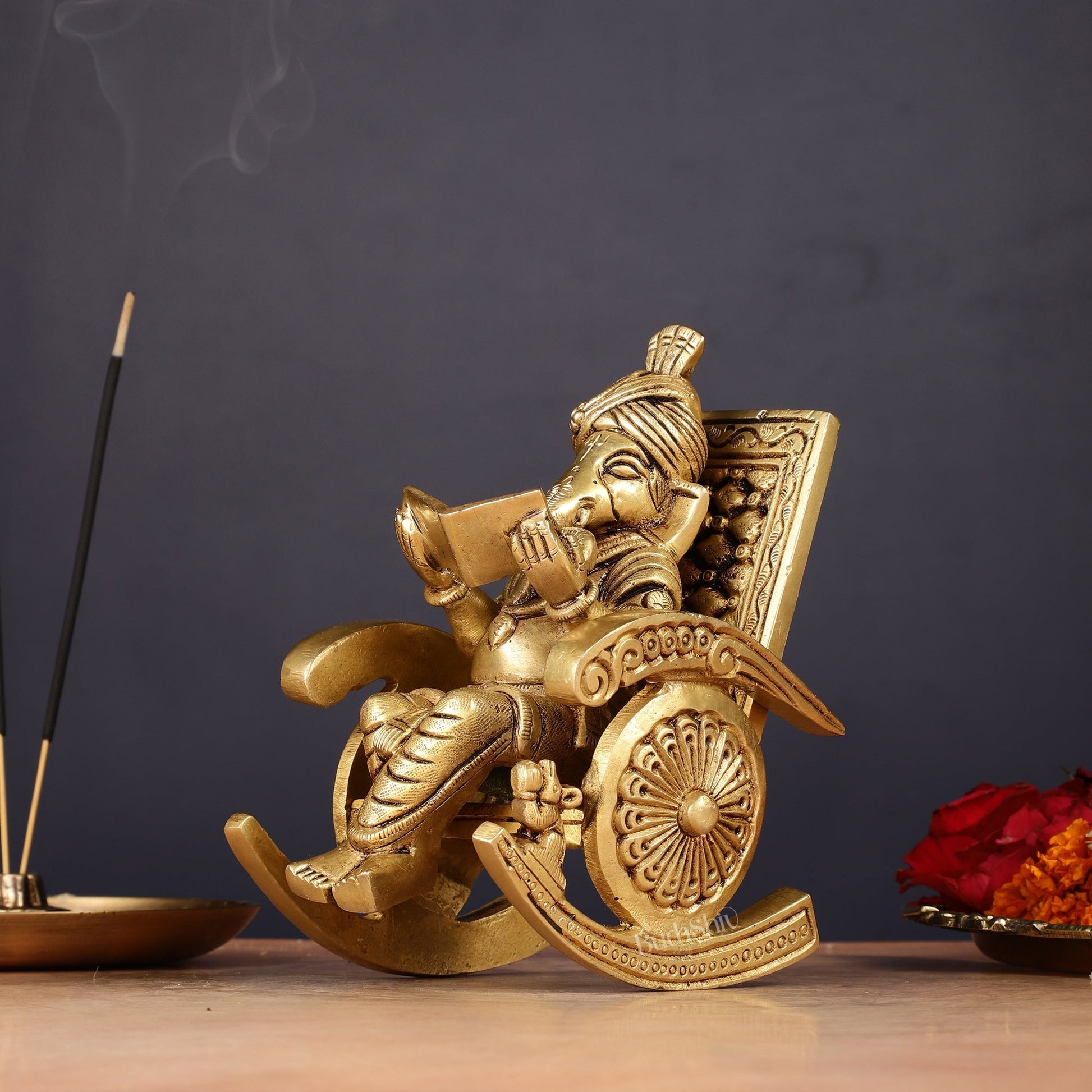 Pure Brass Lord Ganapati Seated on a Swinging Chair Idol Showpiece 6.5" - Sama Homes Idol - Brass Sculpture - Eco-friendly - Sama Homes