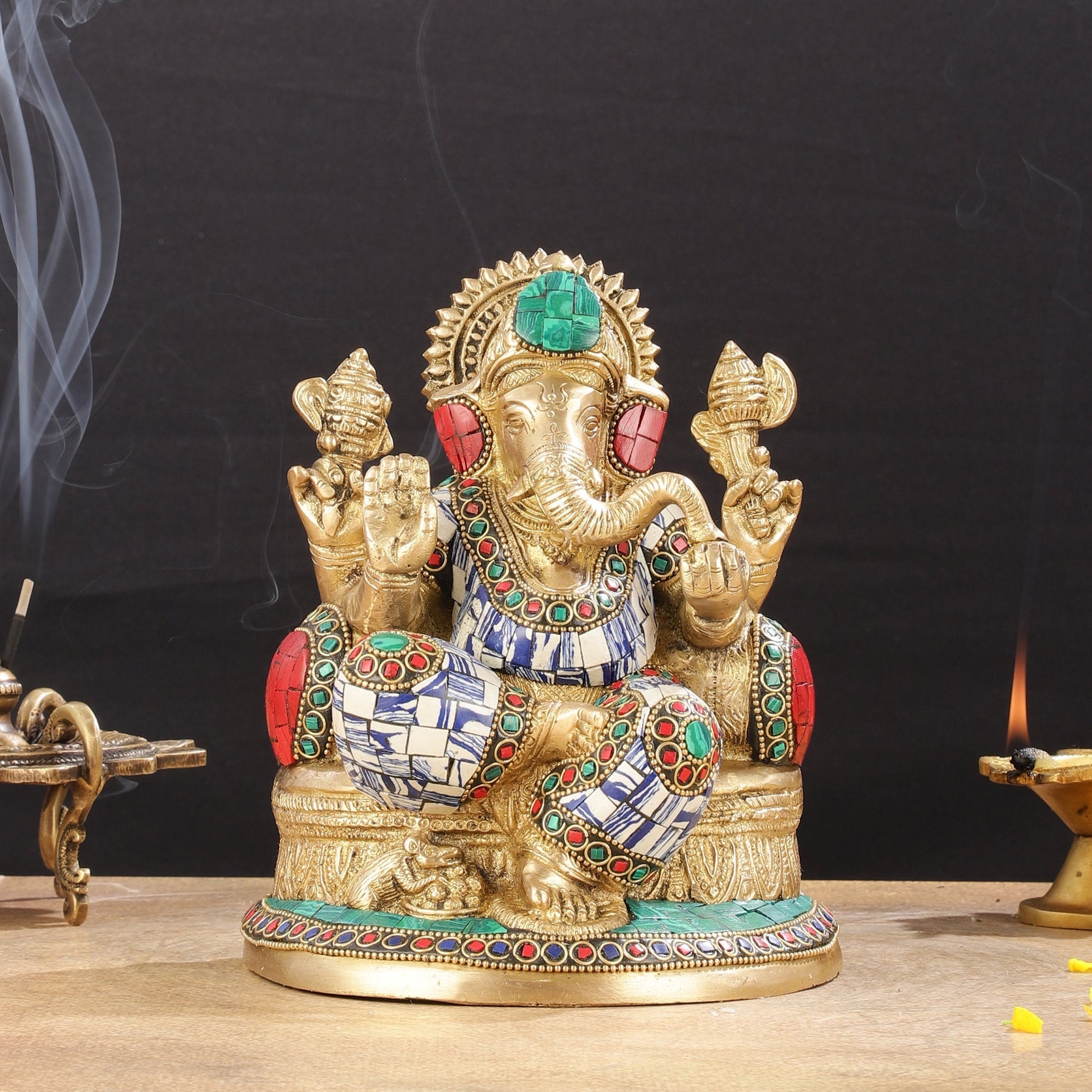 Pure Brass Lord Ganesha Statue with Mosaic work 8 inch - Sama Homes Idol - Brass Sculpture - Eco-friendly - Sama Homes