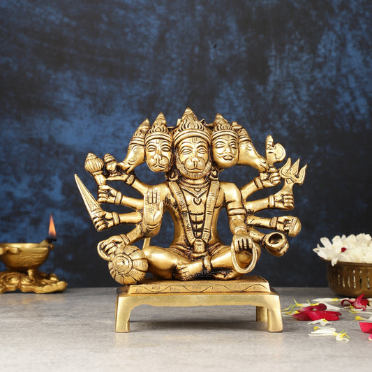 Pure Brass Panchmukhi Hanuman Idol - Superfine 6.5" - Sama Homes Idol - Brass Sculpture