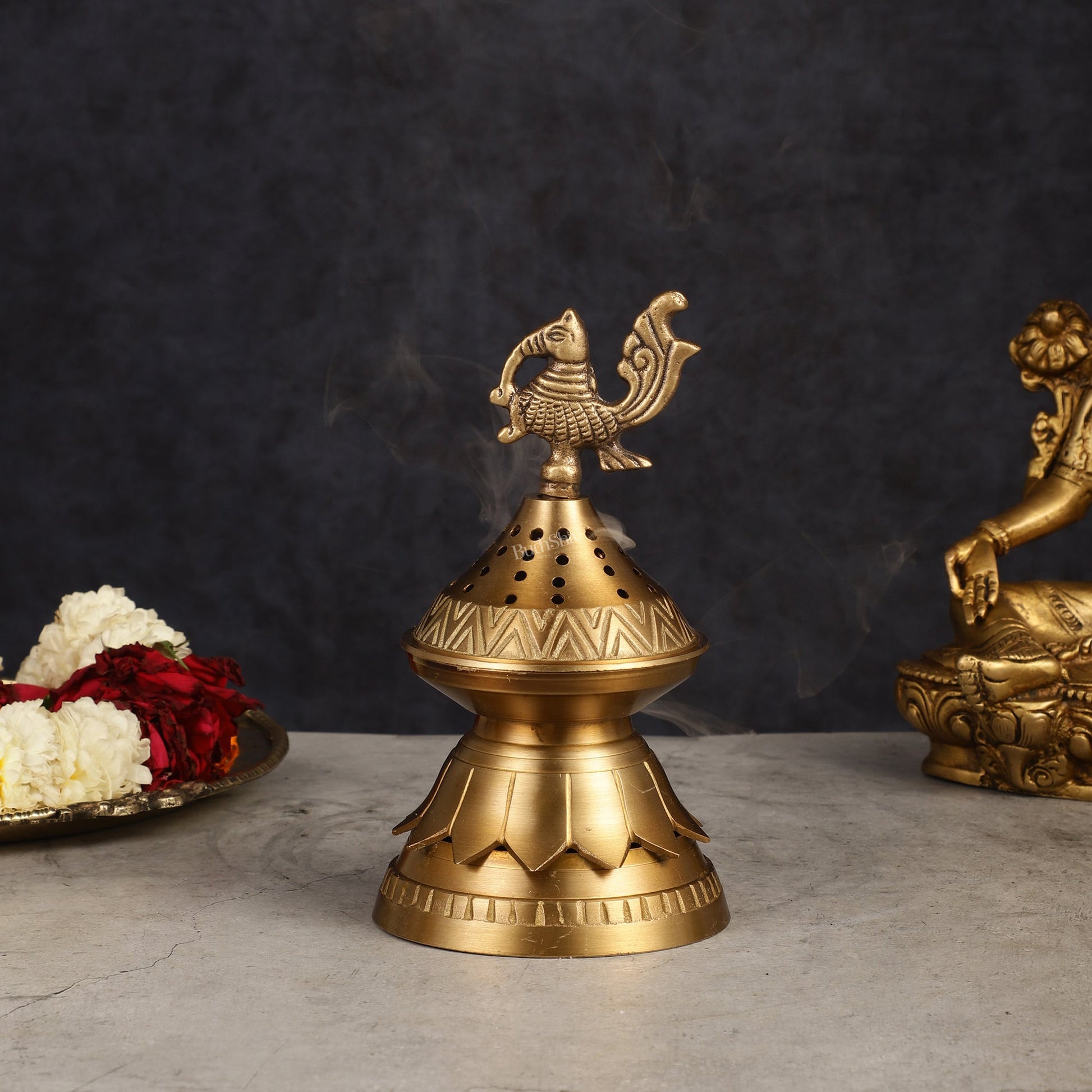 Unique Brass Peacock Loban Daam Dhoop Burner 6.5" - Eco-friendly - Sama Homes
