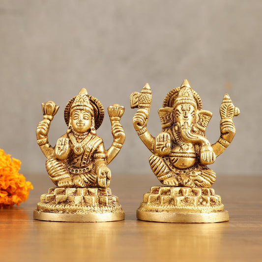 Pure Brass Small Ganesh Lakshmi Idols - 3.5 Inches - Sama Homes Idol - Brass Sculpture