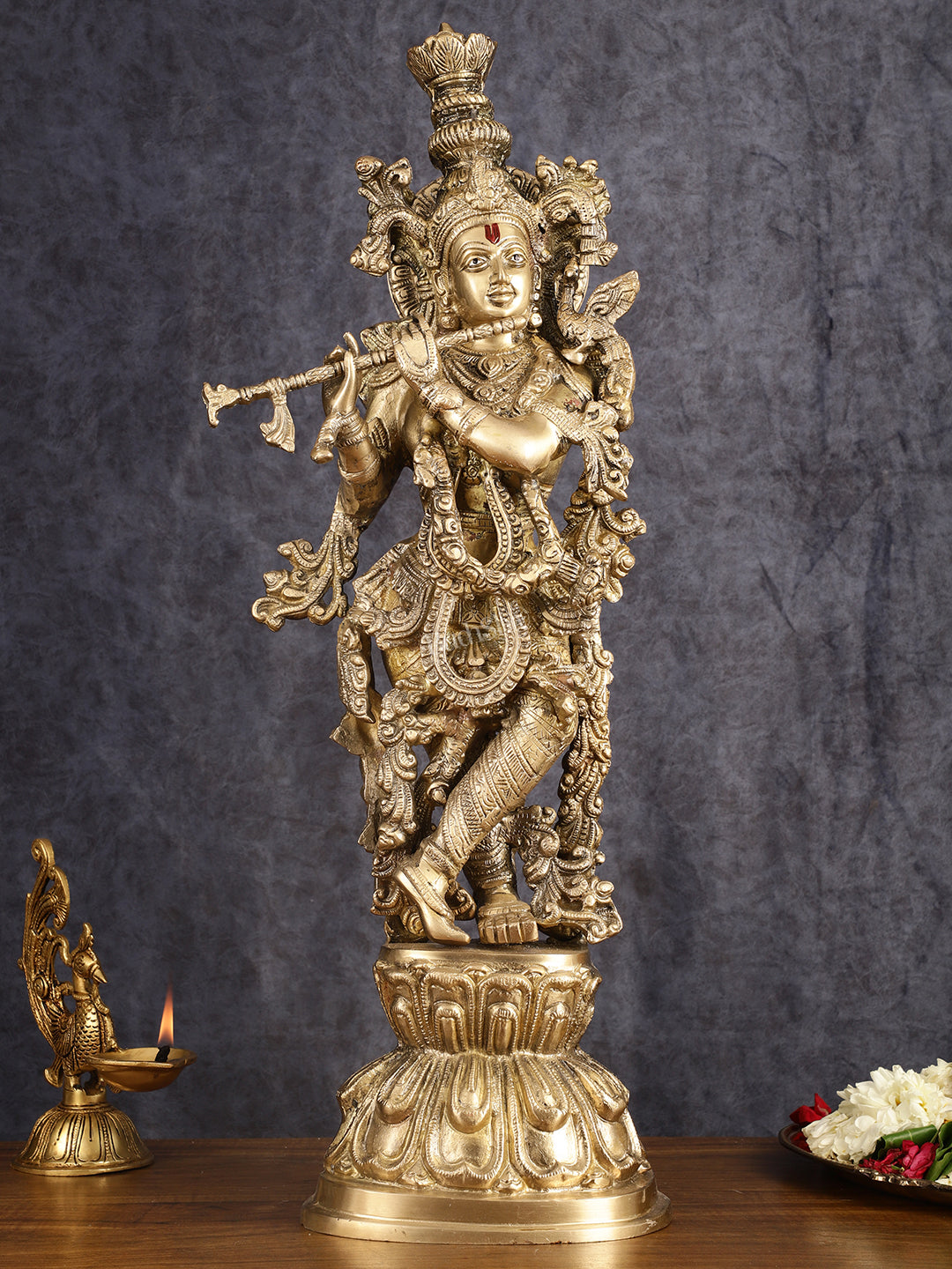 Divine Brass Krishna Playing Flute Statue - 24 Inches - Sama Homes Idol - Brass Sculpture
