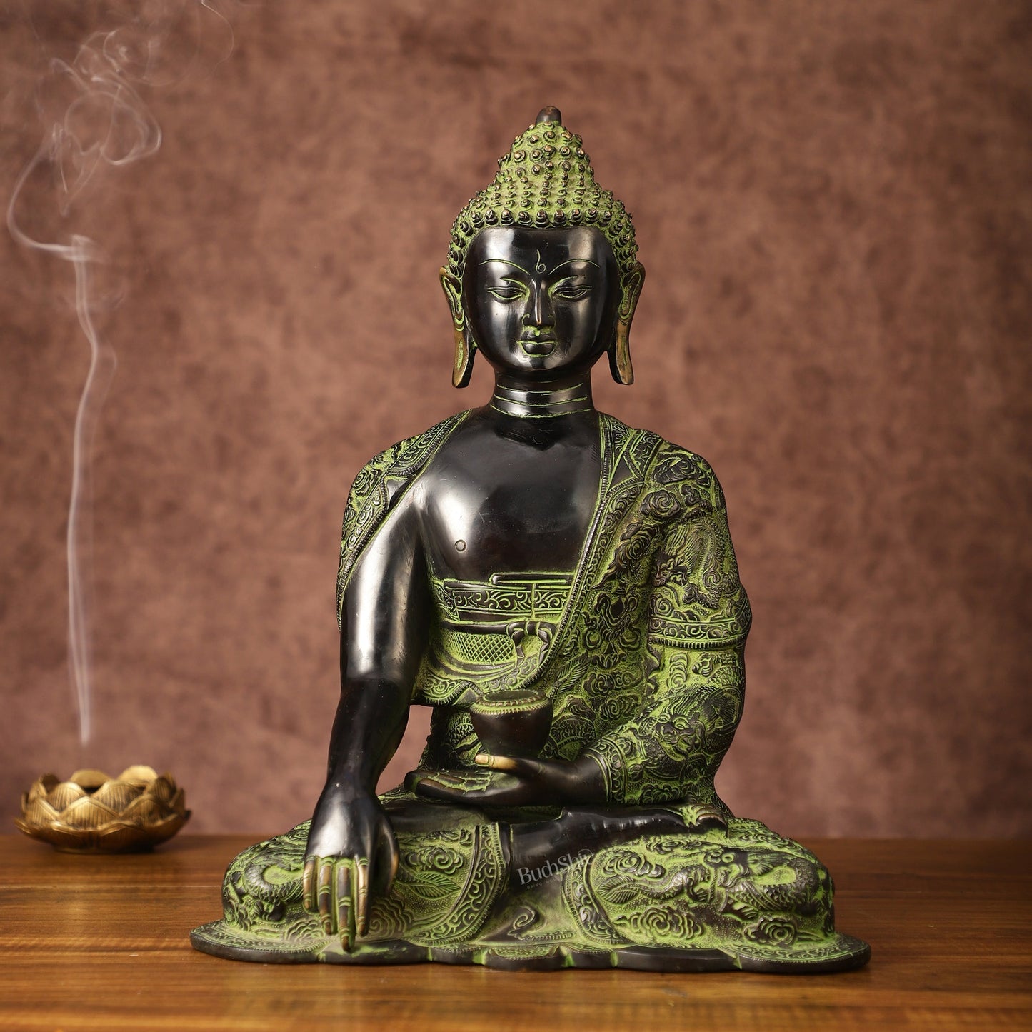 Pure Brass Buddha in Bhoomisparsha Nirvana Mudra with Dragon Carvings | 14 inch - Sama Homes Idol - Brass Sculpture