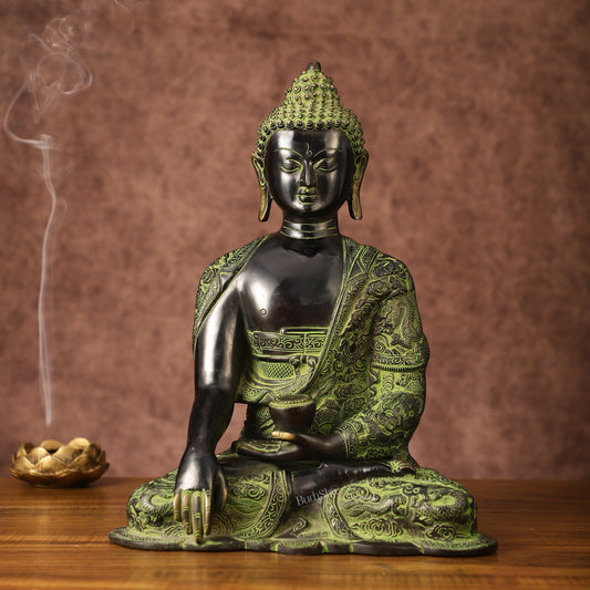 Pure Brass Buddha in Bhoomisparsha Nirvana Mudra with Dragon Carvings | 14 inch - Sama Homes Idol - Brass Sculpture