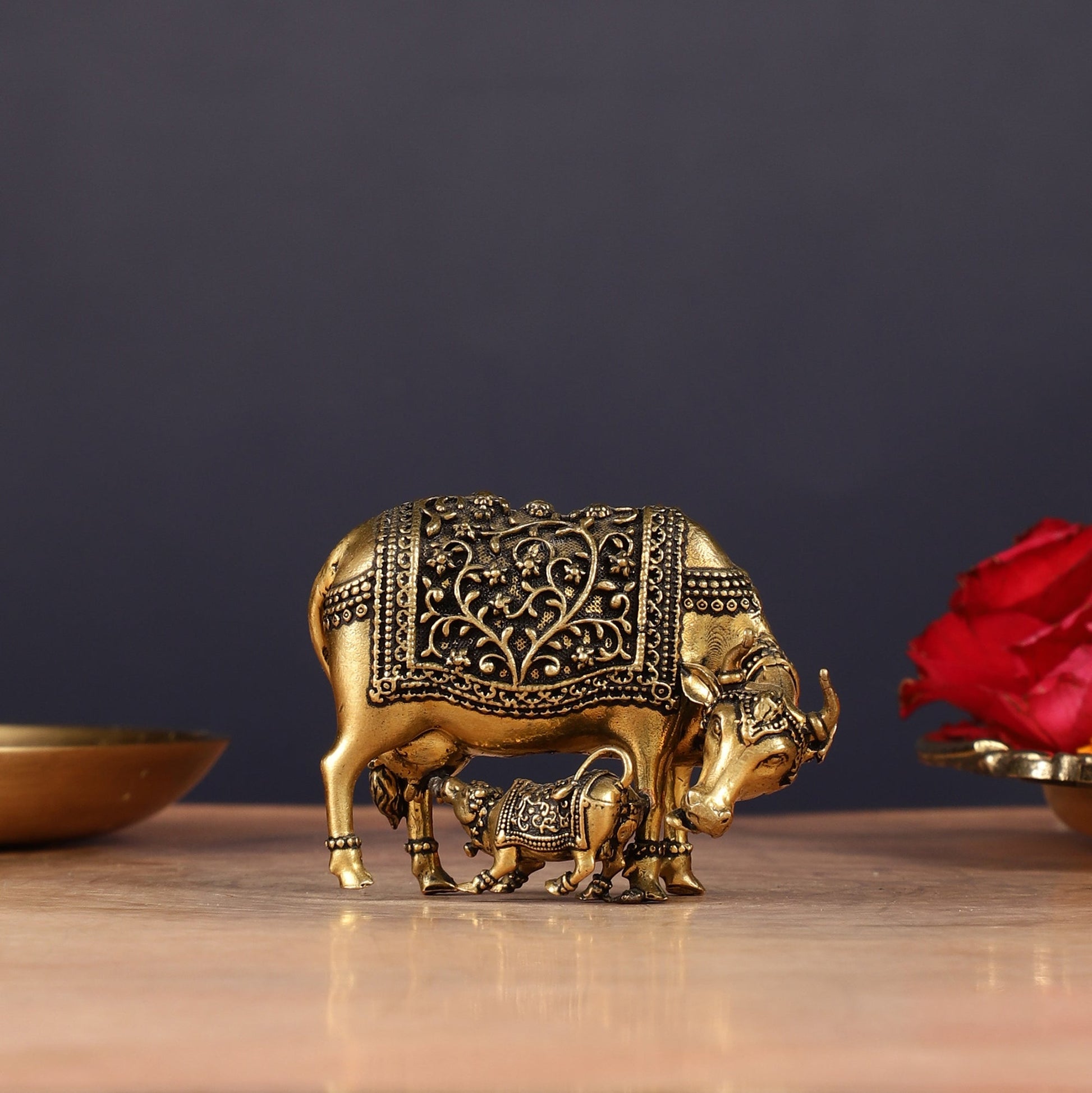 Brass Superfine Miniature Kamdhenu Cow with Calf - 2.5" - Eco-friendly - Sama Homes
