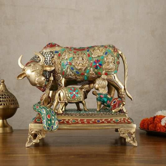 Kamadhenu Cow and Calf Brass Idol 14 inch with stonework - Sama Homes Idol - Brass Sculpture