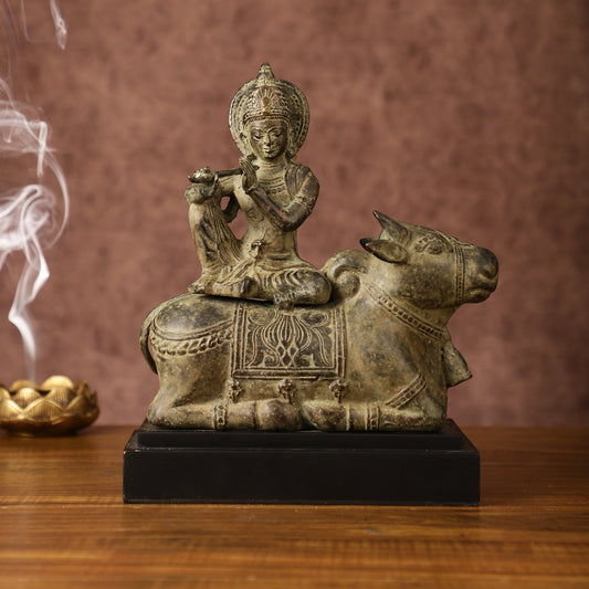 Sama Homes-indonesian bronze lord krishna sitting on cow sculpture height 10 inch