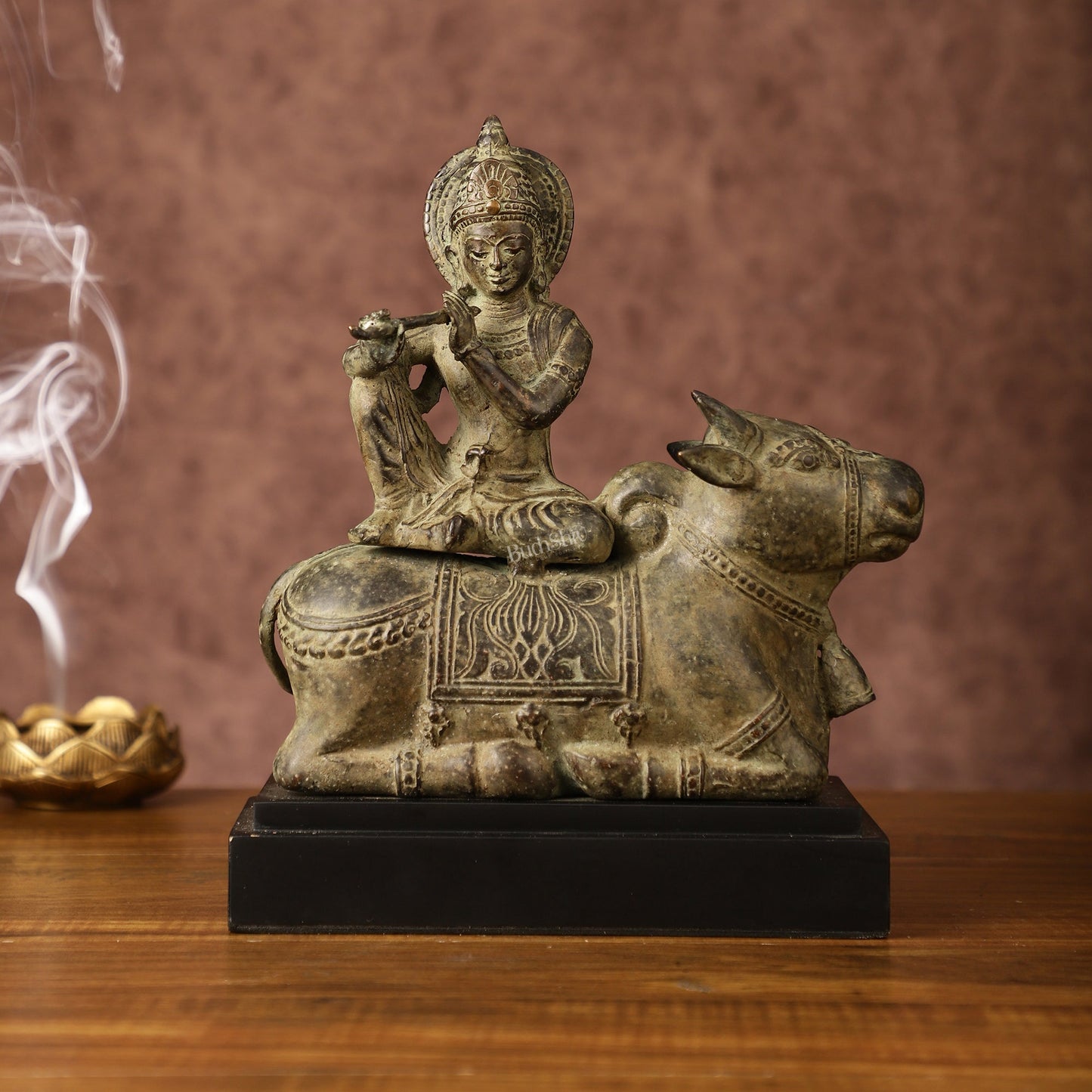 Indonesian Bronze Lord Krishna Sitting on Cow Sculpture | Height: 10 inch - Sama Homes Idol - Brass Sculpture