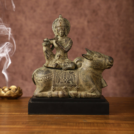 Indonesian Bronze Lord Krishna Sitting on Cow Sculpture | Height: 10 inch - Sama Homes Idol - Brass Sculpture