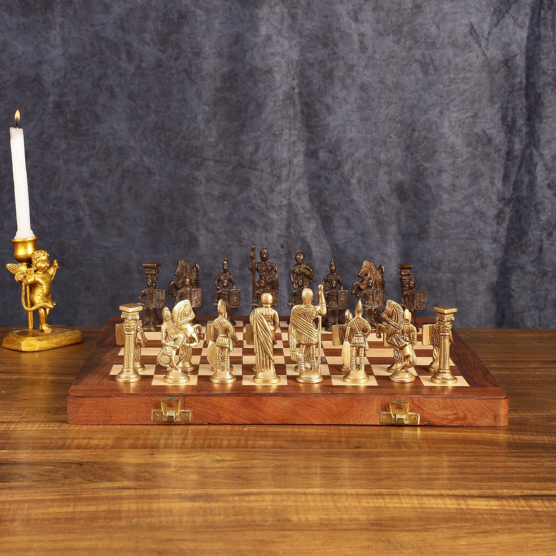 Brass Chess Set on Premium Wooden Board | Handcrafted Luxury Game | Heritage Gift | 100% Certified Copper & Brass - Sama Homes Idol - Brass Sculpture - Eco-friendly - Sama Homes