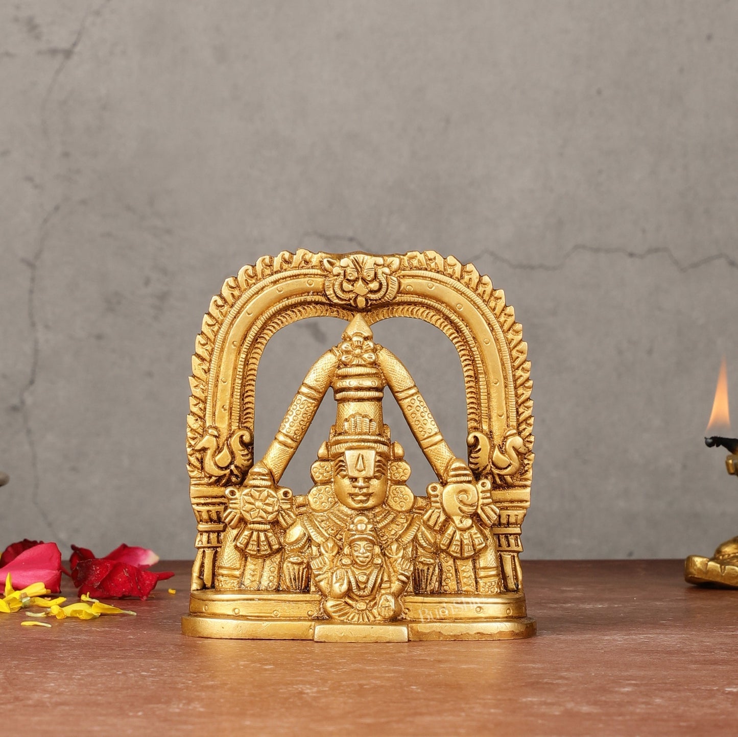 Brass Tirupati Balaji Face with Lakshmi Bust Table Accent - 4.25-inch - Sama Homes Idol - Brass Sculpture