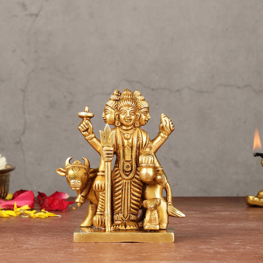 Pure Brass Small Dattatreya Guru Idol – 4.5 Inches - Sama Homes Idol - Brass Sculpture