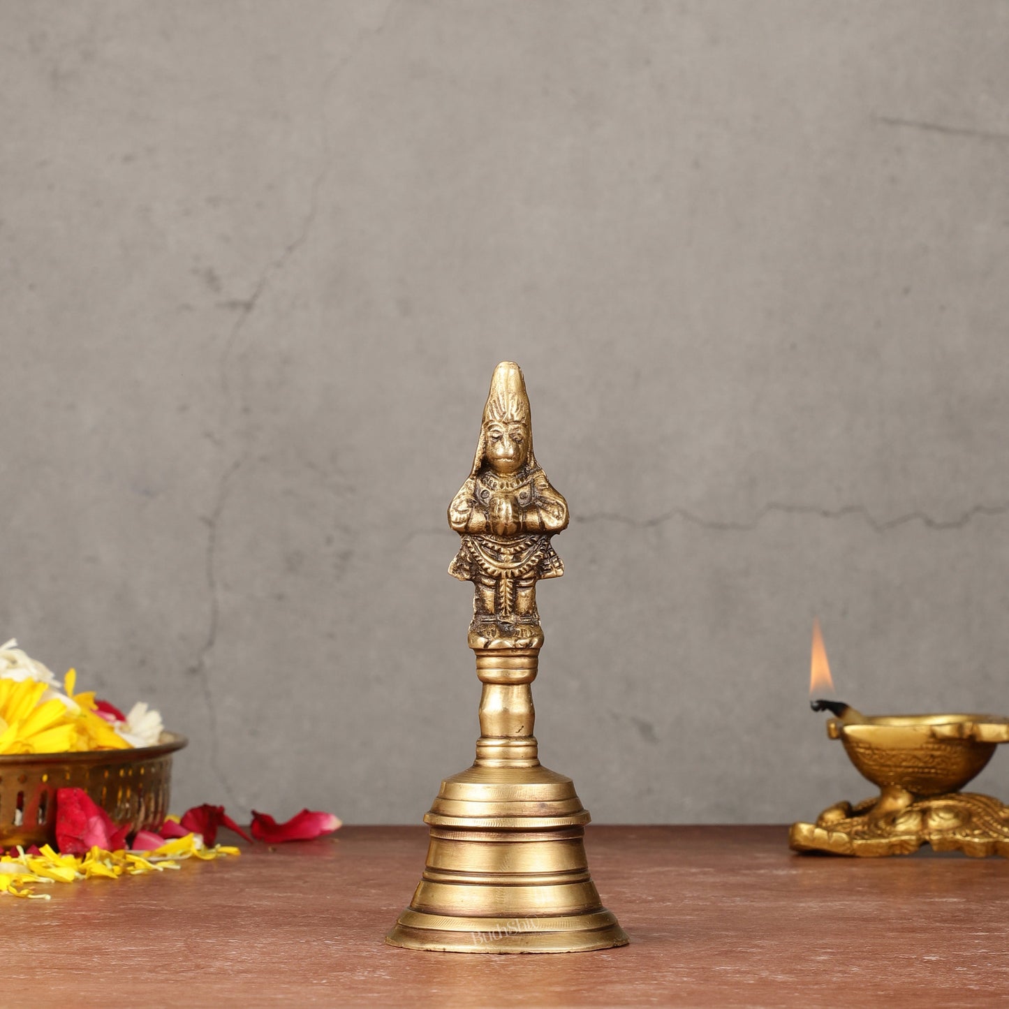 Antique Brass Lord Hanuman Temple Hand Bell for Pooja | Height 5.5 inch | 100% Certified Copper & Brass - Sama Homes Idol - Brass Sculpture