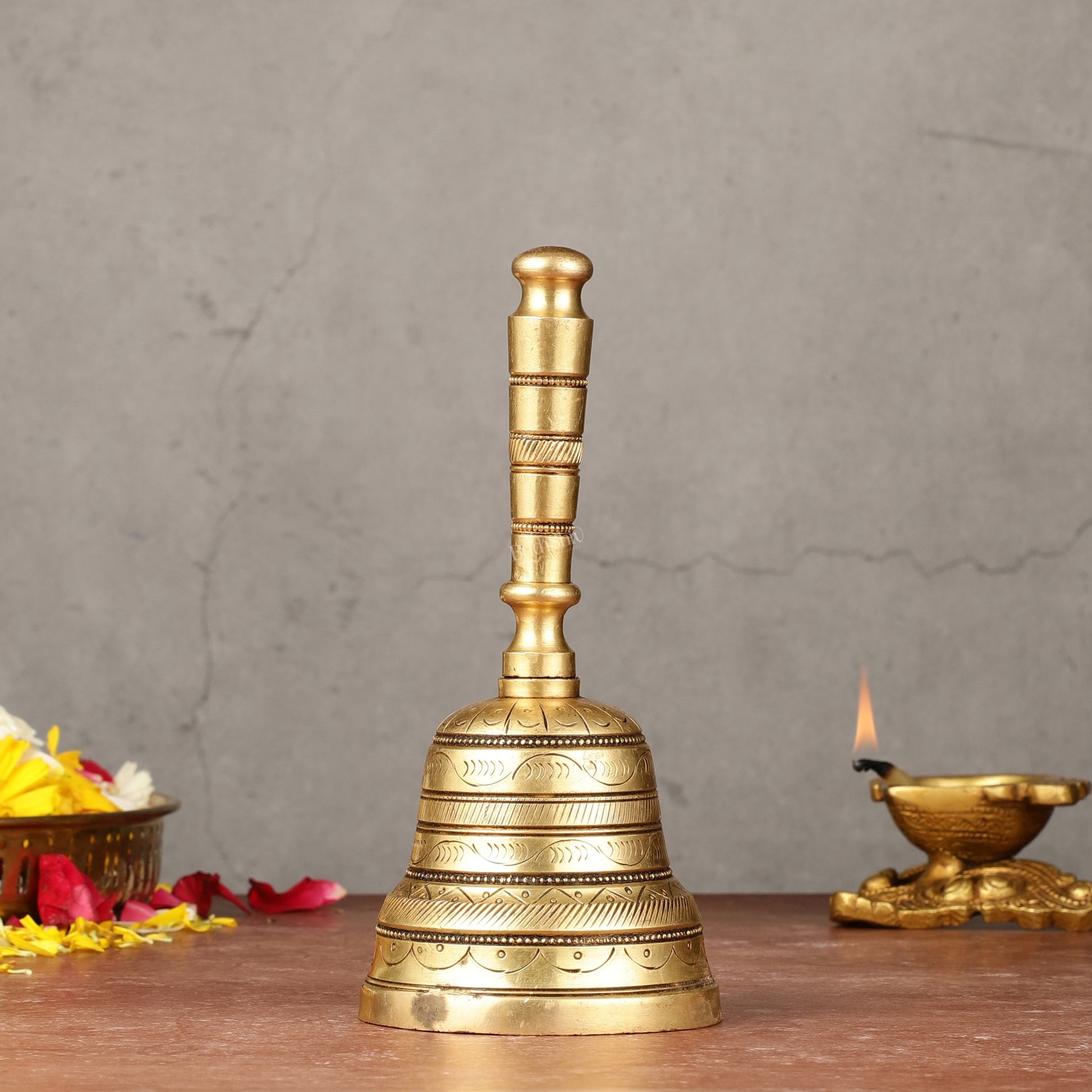 Superfine Brass Hand Bell for Pooja | Height 7 inch - Eco-friendly - Sama Homes