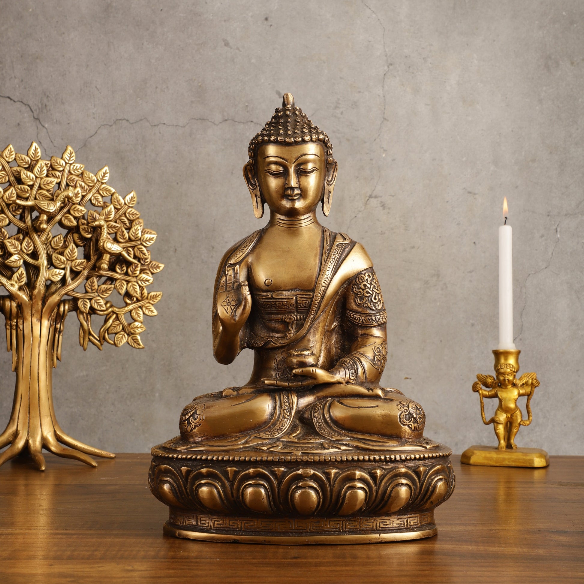 Pure Brass Blessing Buddha Statue - Unique Design, 12.5" Height - Sama Homes Idol - Brass Sculpture - Eco-friendly - Sama Homes
