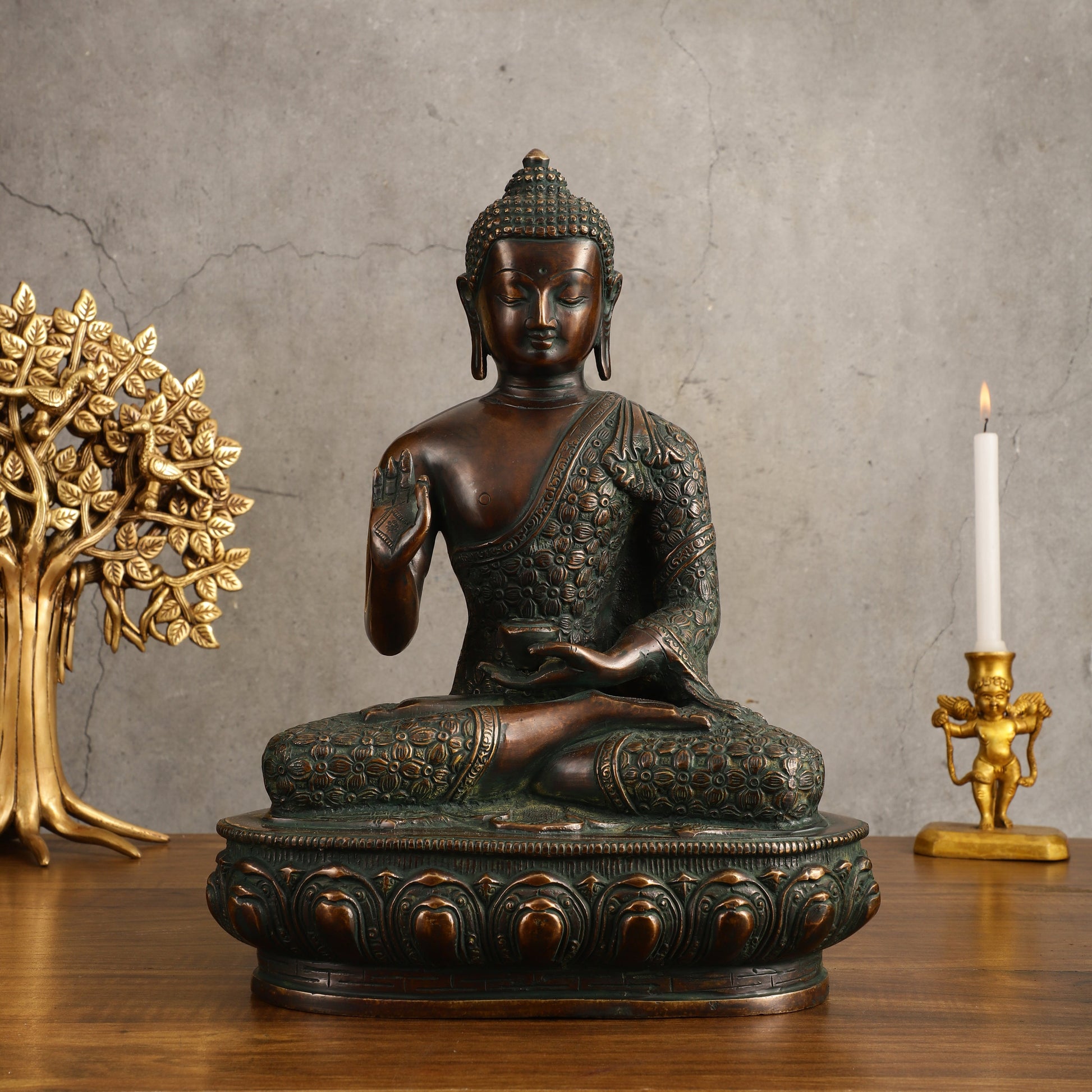 Pure Brass Antique Buddha Blessing Statue - 13.5" Height - Sama Homes Idol - Brass Sculpture - Eco-friendly - Sama Homes