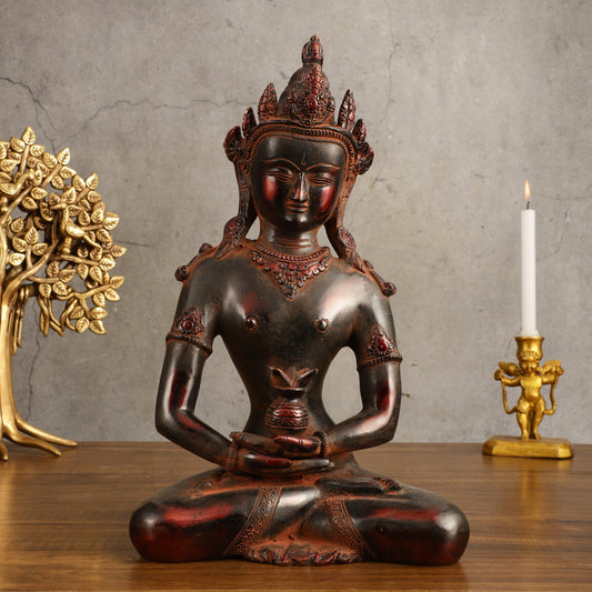 Pure Brass Meditating Buddha Statue - Antique Red Finish, 13" Height - Sama Homes Idol - Brass Sculpture