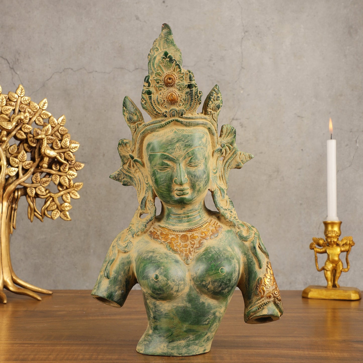 Pure Brass Cambodian Tara Bust Antique Sculpture - 13" Height - Sama Homes Idol - Brass Sculpture
