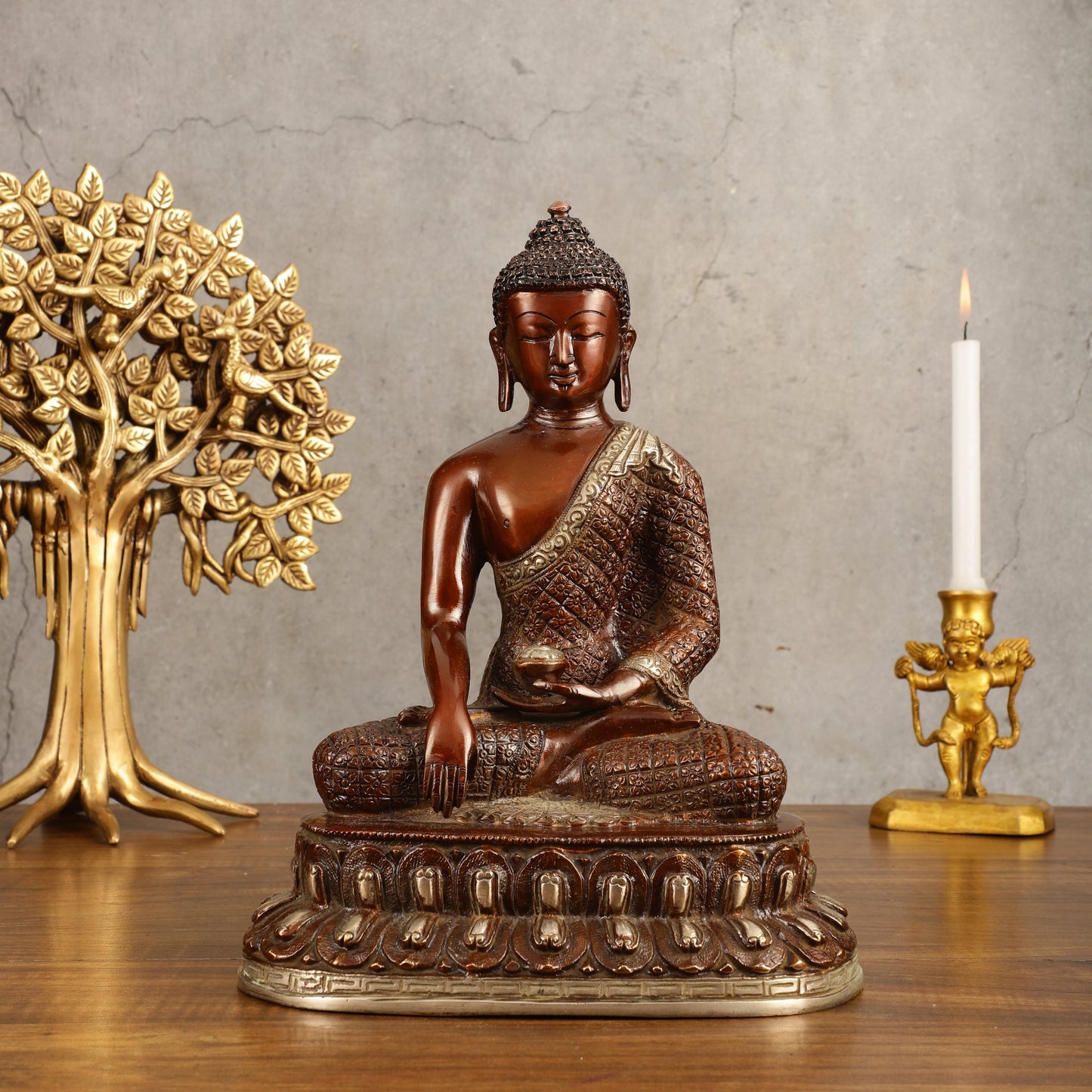 Pure Brass Buddha Hand Down Statue - Nepali brown Finish, 11" Height - Sama Homes Idol - Brass Sculpture