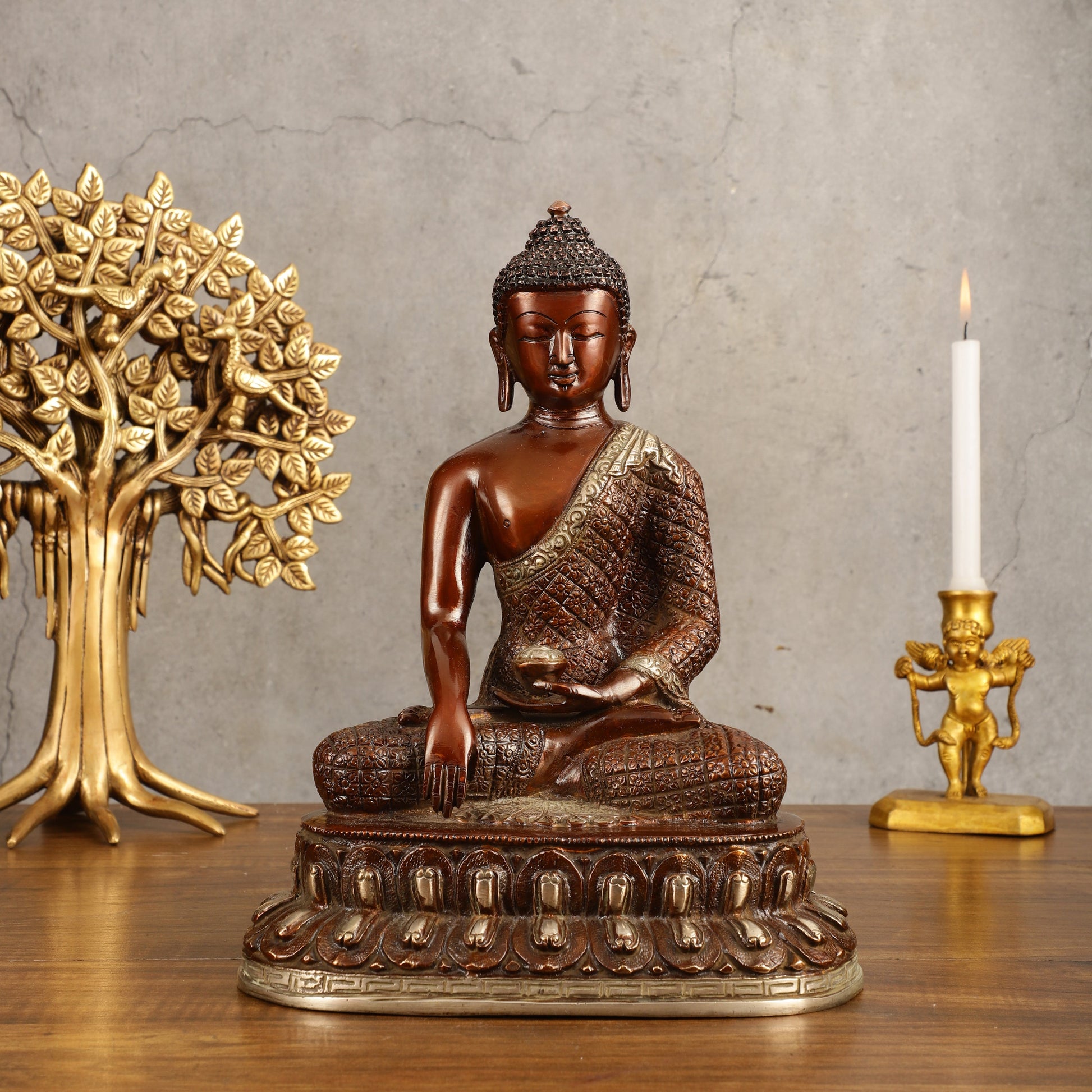 Pure Brass Buddha Hand Down Statue - Nepali brown Finish, 11" Height - Sama Homes Idol - Brass Sculpture - Eco-friendly - Sama Homes
