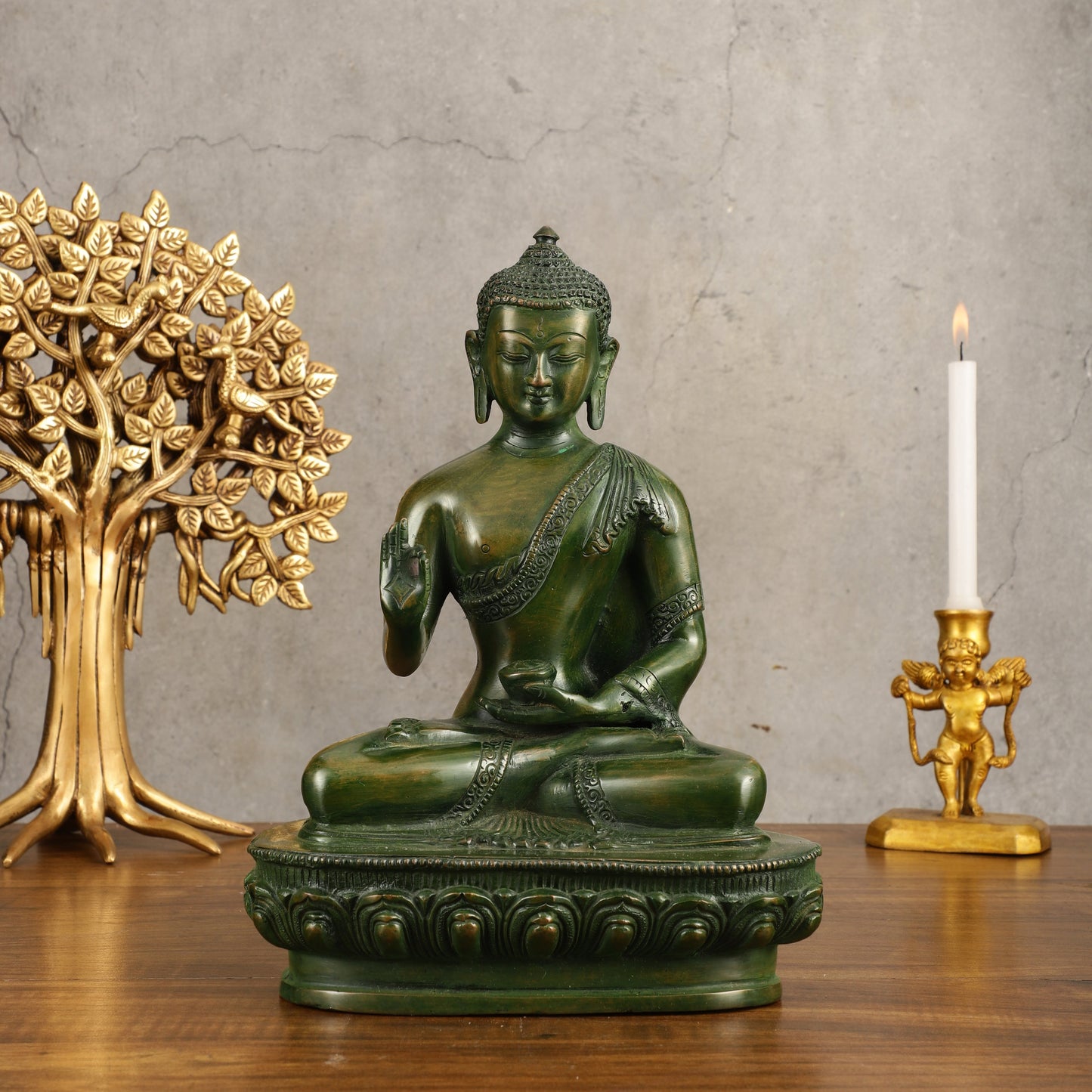 Pure Brass Blessing Buddha Statue - Green Antique Finish, 10.5" Height - Sama Homes Idol - Brass Sculpture