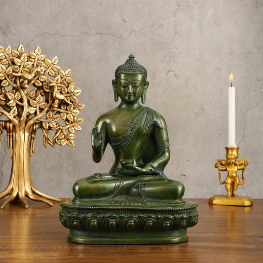 Pure Brass Blessing Buddha Statue - Green Antique Finish, 10.5" Height - Sama Homes Idol - Brass Sculpture