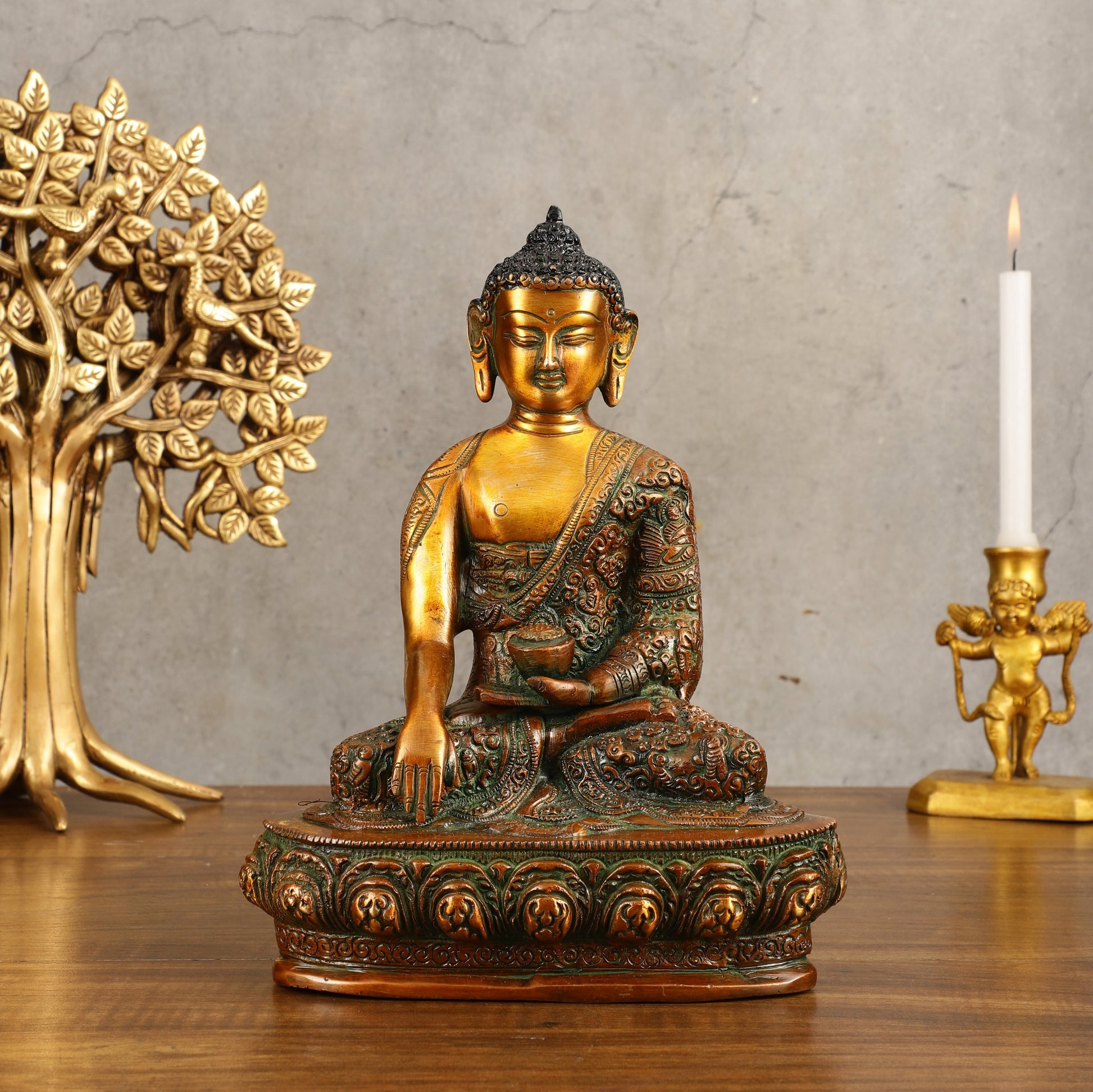Buddha Bhumisparsha Life Story Engraved Statue - Dual Tone, 9" Height - Sama Homes Idol - Brass Sculpture - Eco-friendly - Sama Homes