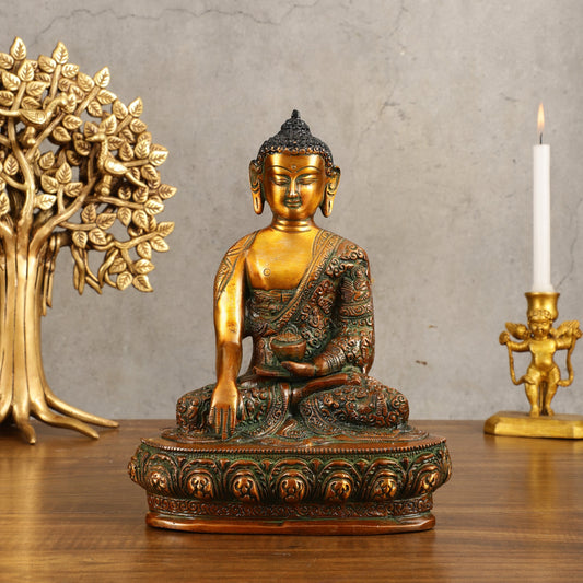 Buddha Bhumisparsha Life Story Engraved Statue - Dual Tone, 9" Height - Sama Homes Idol - Brass Sculpture