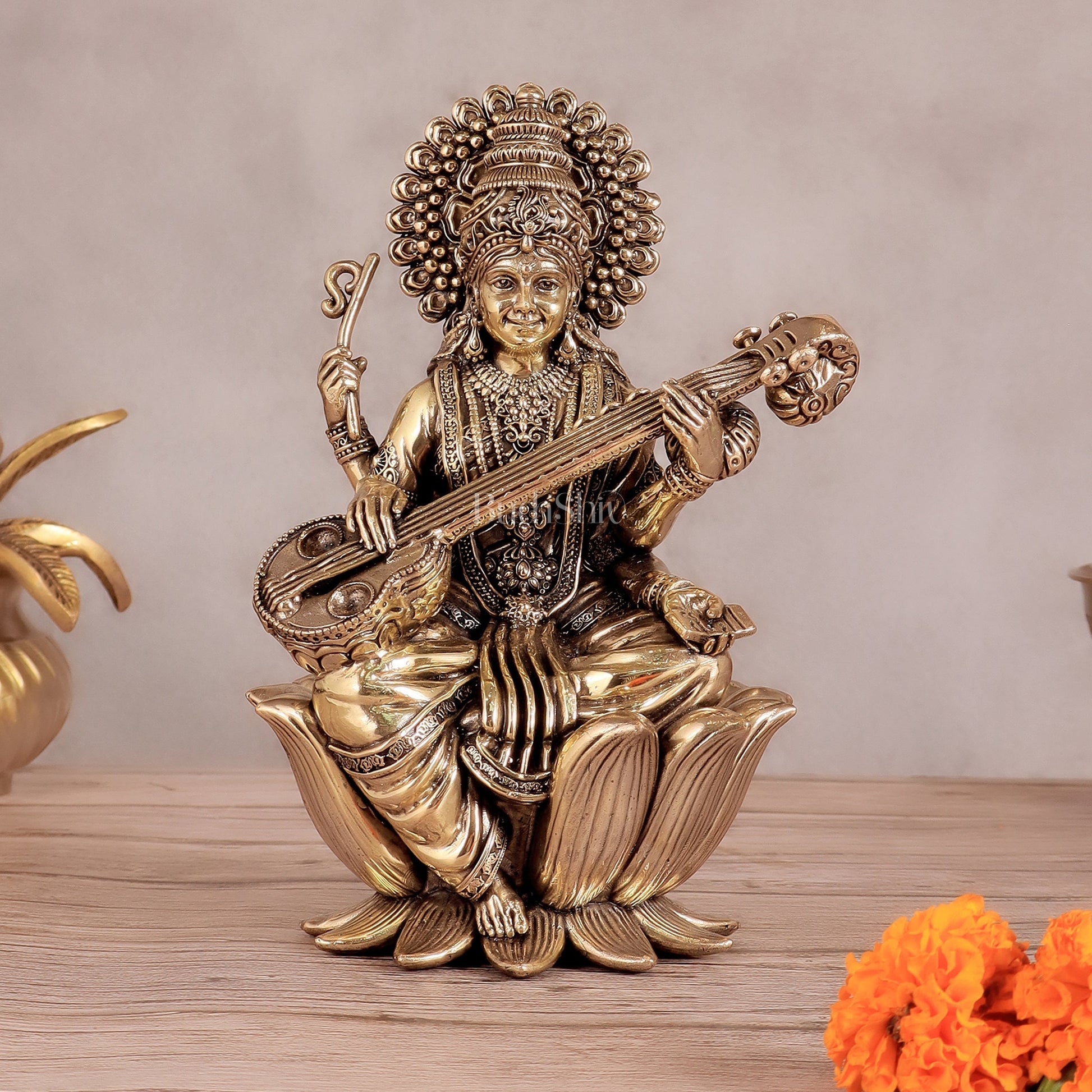 Superfine Brass Saraswati Idol - 8" Tall, Intricate Detailing - Sama Homes Idol - Brass Sculpture - Eco-friendly - Sama Homes