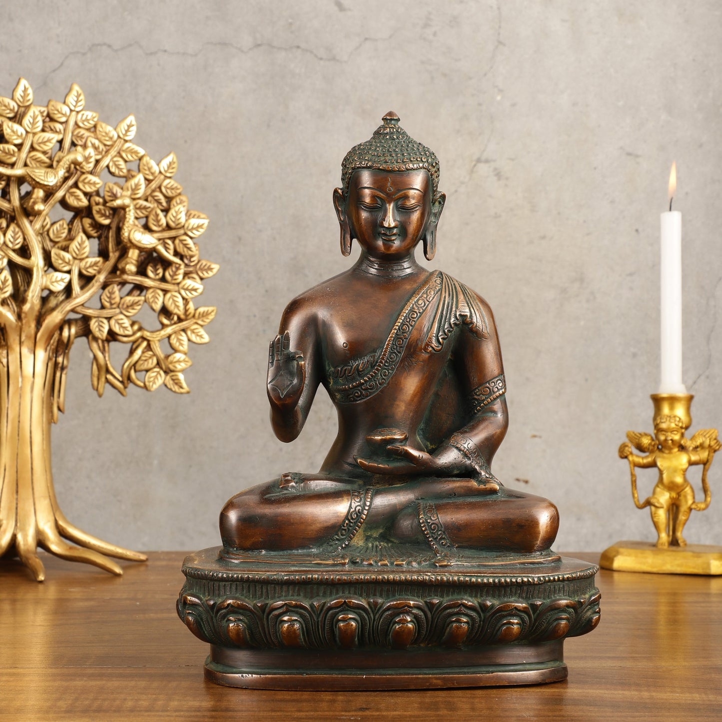 Pure Brass Buddha Blessing Mudra Statue - Antique Tone, 10" Height - Sama Homes Idol - Brass Sculpture