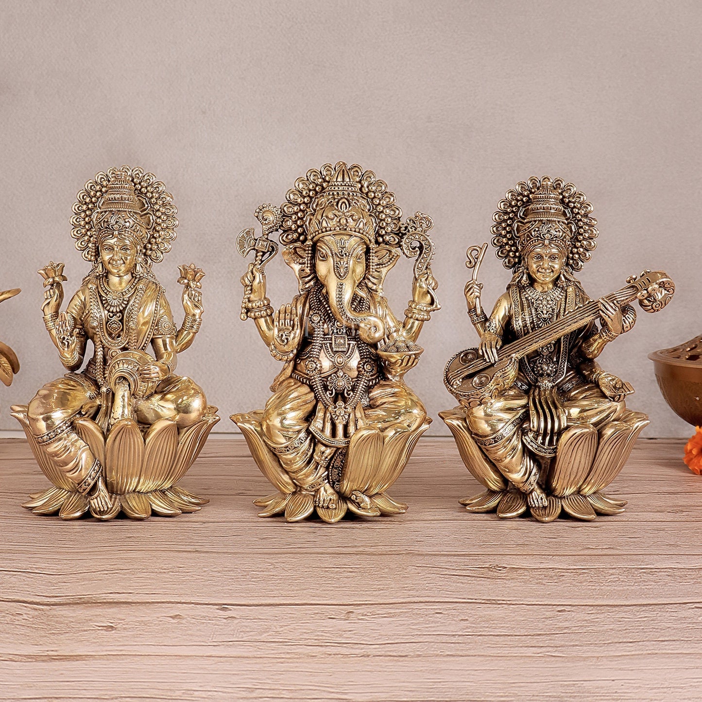Superfine Brass Ganesh Lakshmi Saraswati Idols - 8" Tall, Set of 3 - Sama Homes Idol - Brass Sculpture