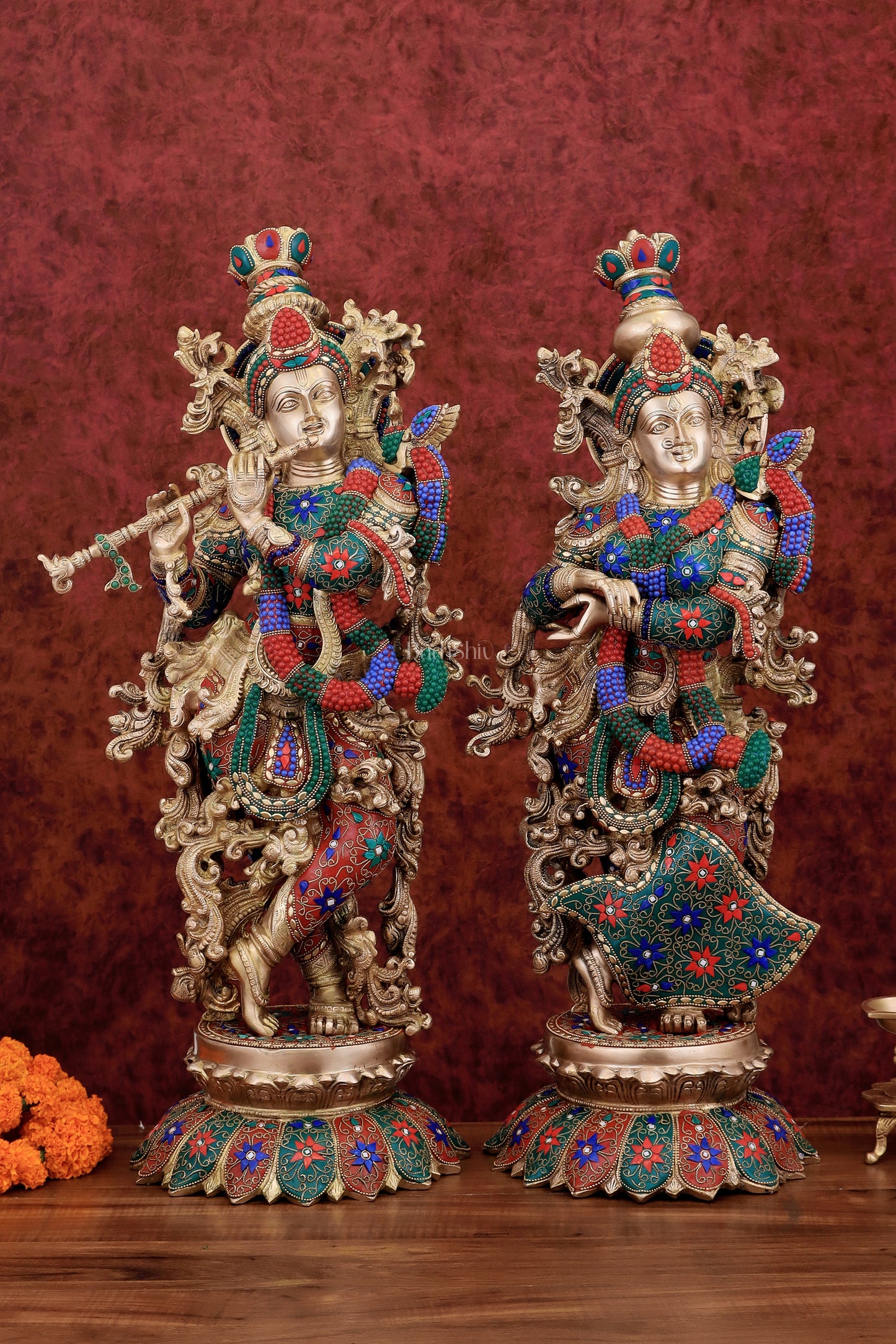 Exquisite Pure Brass Radha Krishna Statues on lotus base with Intricate Stonework – 27 Inch - Sama Homes Idol - Brass Sculpture