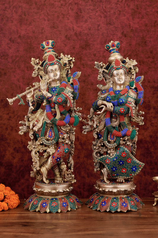 Exquisite Pure Brass Radha Krishna Statues on lotus base with Intricate Stonework – 27 Inch - Sama Homes Idol - Brass Sculpture