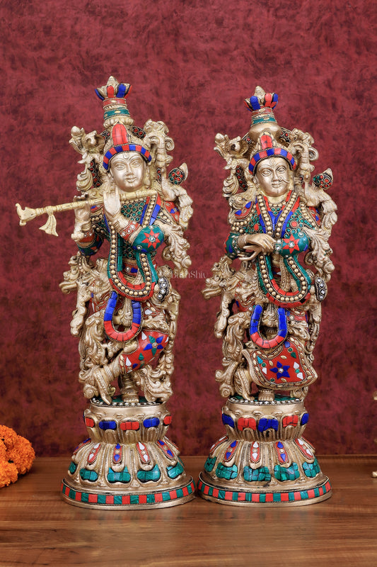 Brass Radha Krishna idols pair  - 21" Height, 18 KG Pair | 100% Certified Copper & Brass - Sama Homes Idol - Brass Sculpture