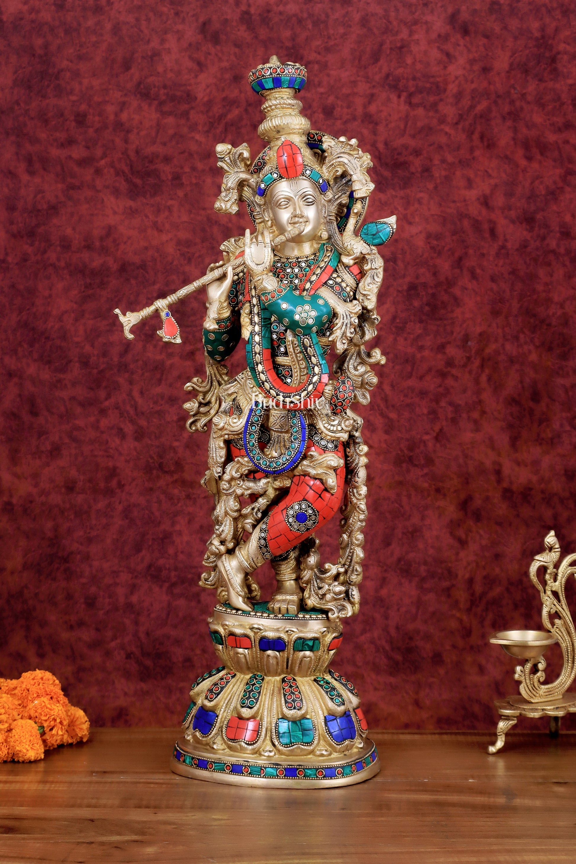 Divine brass Krishna Statue with stonework 25 inch - Sama Homes Idol - Brass Sculpture - Eco-friendly - Sama Homes