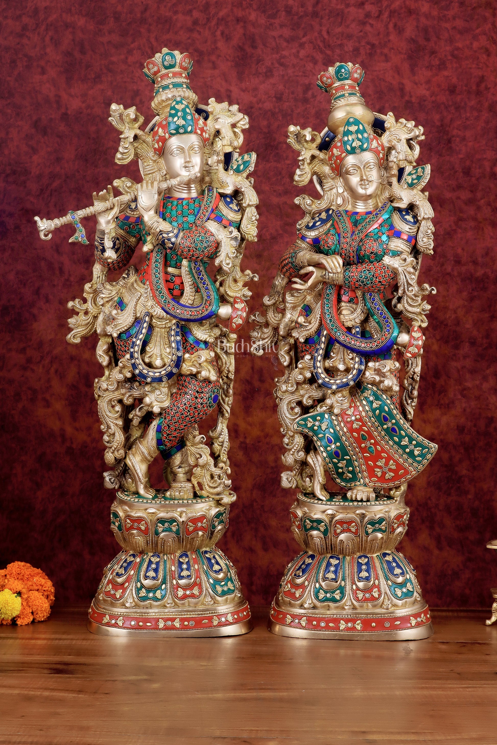 Exquisite Handmade Radha Krishna Idol Pair with Meenakari Stonework – 30 Inch - Sama Homes Idol - Brass Sculpture - Eco-friendly - Sama Homes