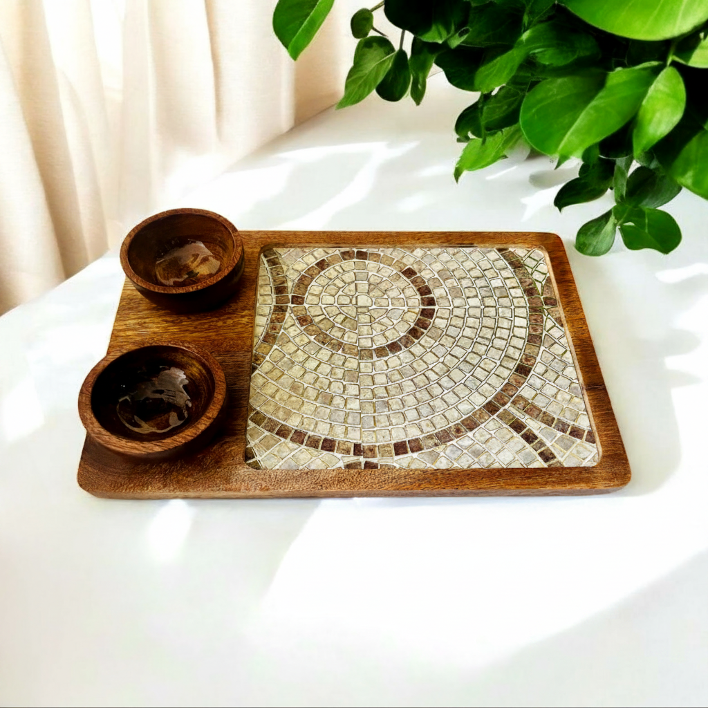 Handcrafted Mango Wood Serving Platter with 2 Artisan Dip Bowls