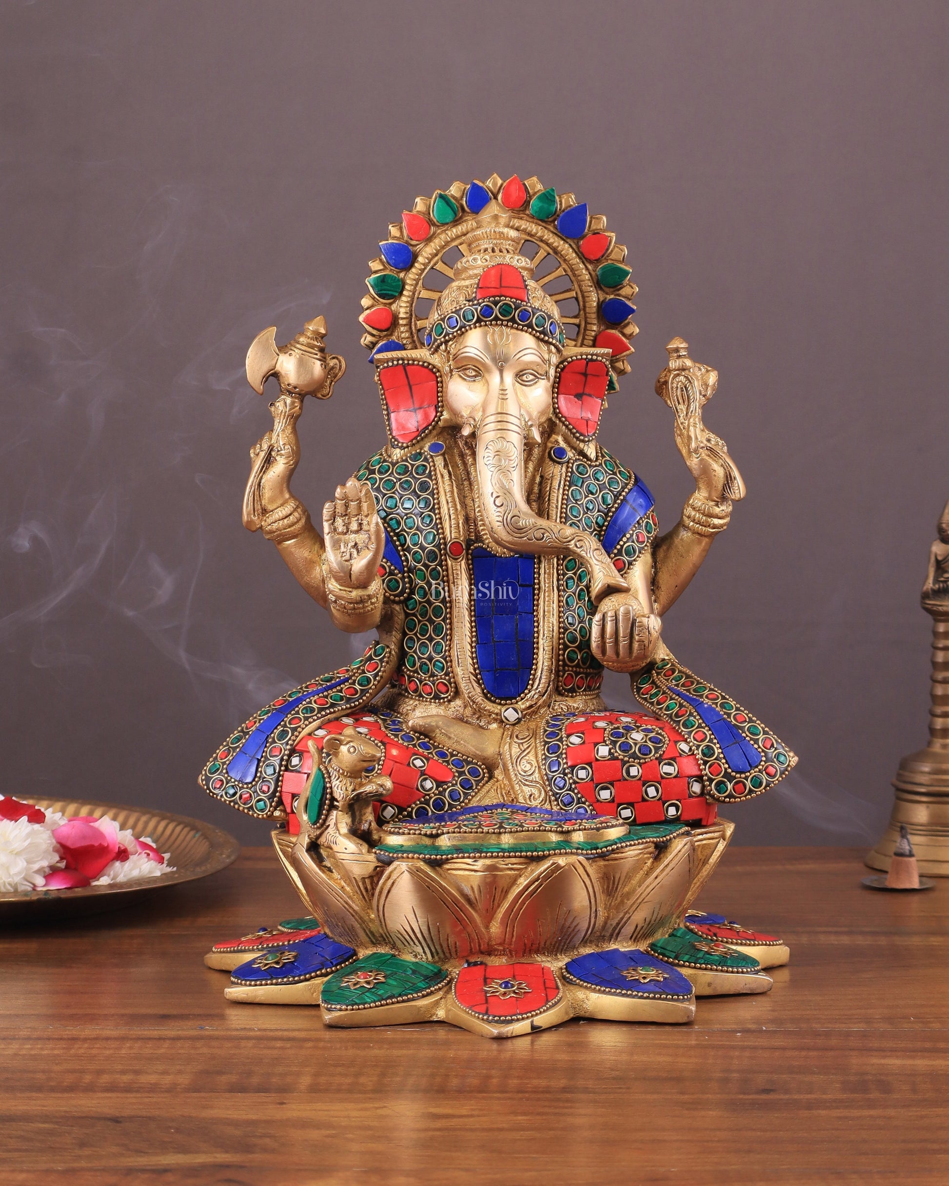 Pure Brass Lord Ganesha on Lotus statue | 11 Inch meenakari - Sama Homes Idol - Brass Sculpture - Eco-friendly - Sama Homes