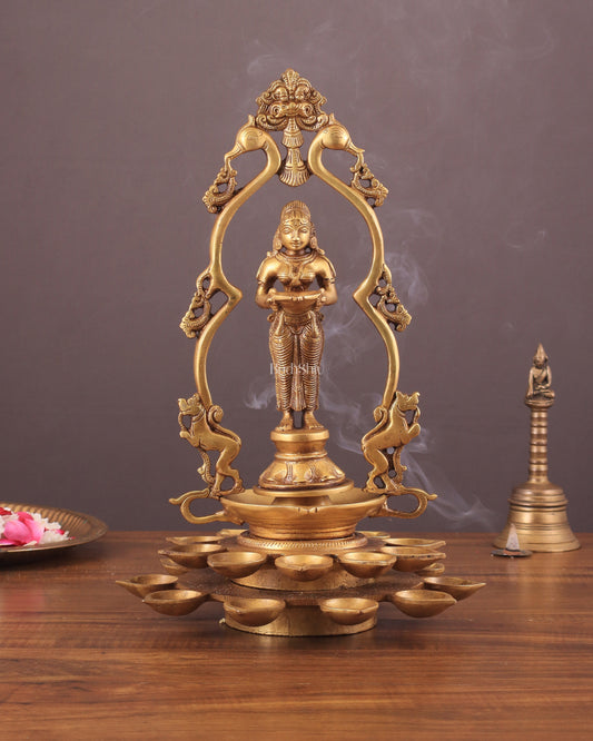 Pure Brass Pavai Deep Lady Lakshmi Statue with Multiple Diyas - 14" - Sama Homes Idol - Brass Sculpture