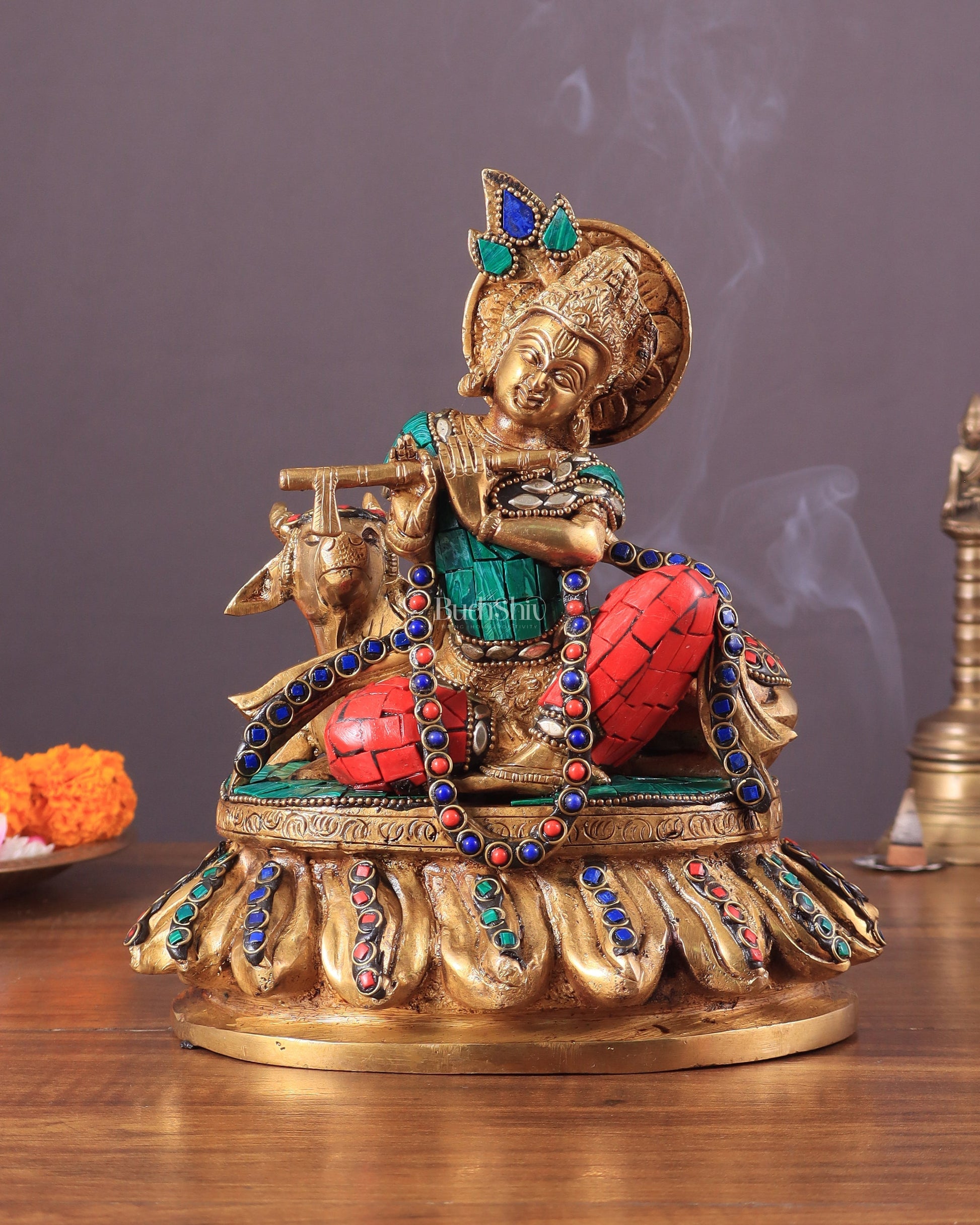 krishna seated with a cow on round base 7.5" - Sama Homes Idol - Brass Sculpture - Eco-friendly - Sama Homes