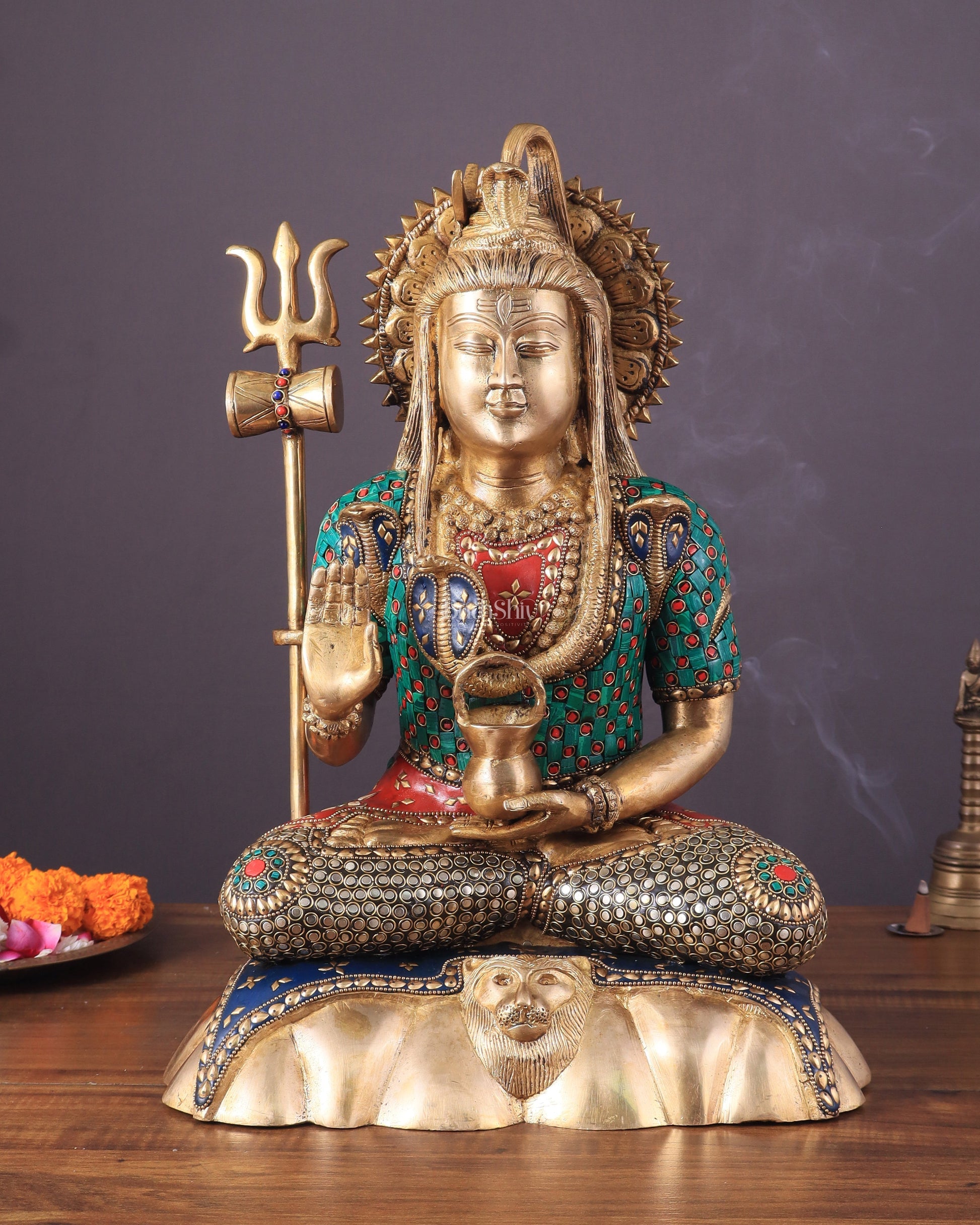Lord Shiva Pure Brass Statue with Meenakari Stonework - 17" - Sama Homes Idol - Brass Sculpture - Eco-friendly - Sama Homes